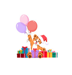 Cute Tiger Cub Holding A Gift And Balloons