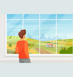 Man Looking Out Window At Summer Peaceful