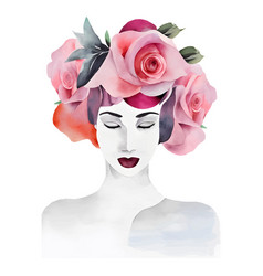 Watercolor Portrait Of Woman With Flowers On Head