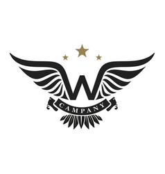 W Letter With Wings And Stars Vintage Retro