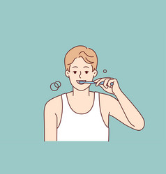 Smiling Man Brushing Teeth In Morning