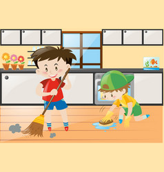 Two boys cleaning drawers and sweeping floor Vector Image