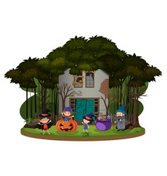 Children Celebrate Halloween In Front Of Old House