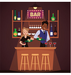 Bartender Man And Woman Pouring Wine Into Glasses