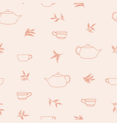 Cup Teapot Tea Leaves Seamless Pattern Hand Drawn