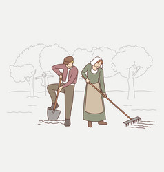 Old-fashioned People Working In Field