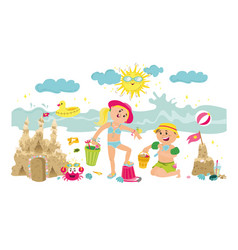 Set Of Cute Cartoon Kids Playing Together On Beach