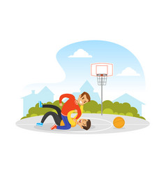 Two Boys Fighting On Basketball Playground