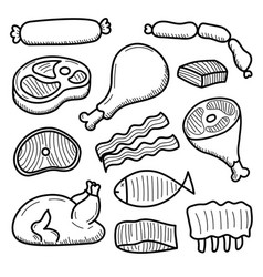 Set Of Meat With Doodle Style