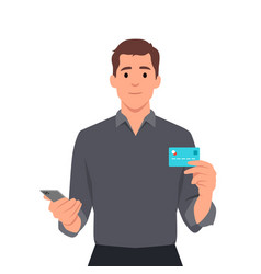 Smiling Man Holds Smart Phone And Credit Card He