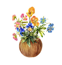 Watercolor Of Pansies In A Brown Pot