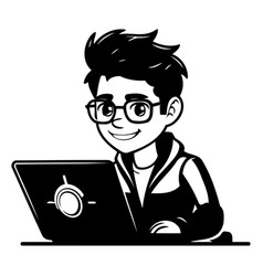 Young Man Working On Laptop Computer In Cartoon