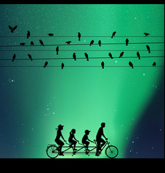 Family On Bike Tandem Under Birds On Wires