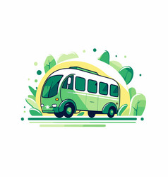 A Bus On The Background Of Green Plants Flat Style