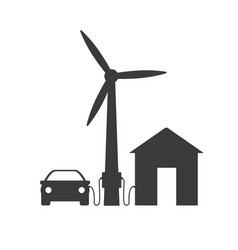 Car And House Are Connected To A Wind Turbine