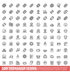 100 Teenager Icons Set Outline Style