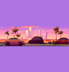 Car Drive On Sea Road Skyscrapper Sunset View