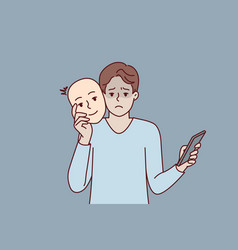 Unhappy Man With Phone Uses Mask To Pretend