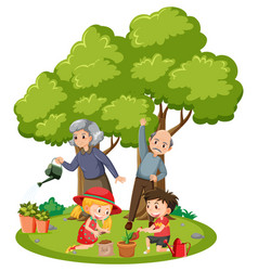 Elderly Coupple With Their Grandchildren Gardening