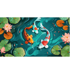 Asian Pond With Plants Koi Fish And Water Lily