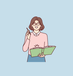 Happy Woman In Glasses Holding Large Notepad