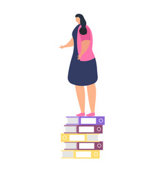 Woman Standing On Stack Of Books Presenting