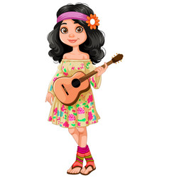 Cartoon Girl With Guitar In Boho Style Dress