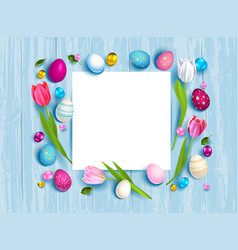 Easter Eggs And Tulips On Wood Backdrop