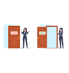 Businesswoman Standing At Closed Door Woman