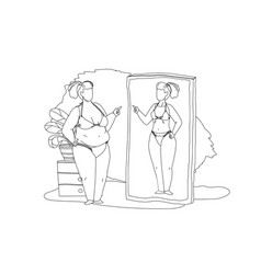 Fat Woman Looking At Mirror Seeing Slim Beauty