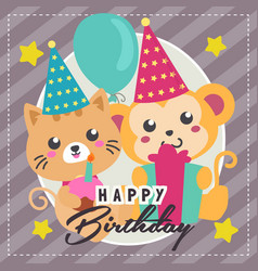 Happy Birthday Card With Cute Cat And Monkey