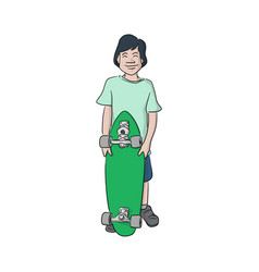 Smiling Boy Holding Skateboard Hand Drawn