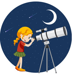 A Girl Looking Through Telescope At Night