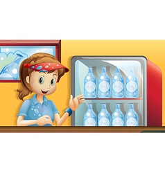 A Girl Near Fridge With Bottles Of Soda