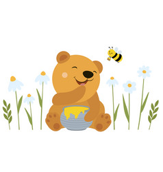 Cute Teddy Bear With Honey Bee And Flowers