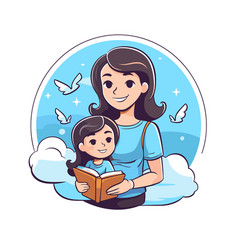 Mother And Daughter Reading A Book In Cartoon