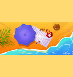 Beach Top View With Umbrella On Sand Near Sea