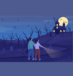 Explore Haunted Mansion At Night Flat Color