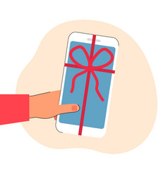 Hand Giving Mobile Phone With Red Ribbon And Bow