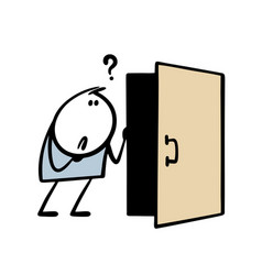 Cartoon Stickman Opens The Door And Looks