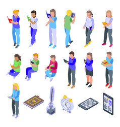 Children Reading Icons Set Isometric Style