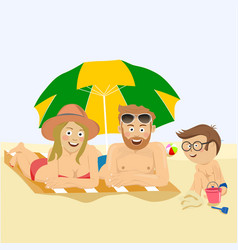 Happy Family Lying On Beach Under Umbrella