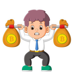 Man Is Lifting The Two Sack Of Bitcoins