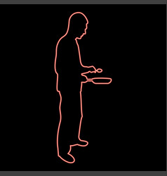 Neon Man Holds Frying Pan Spoon Chef Holding