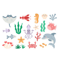 Set Of Cute Marine Animals In Flat Cartoon Style