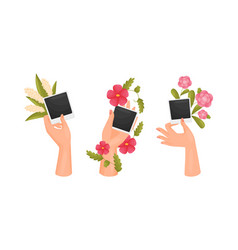 Female Hands Holding Retro Paper Photo Frame