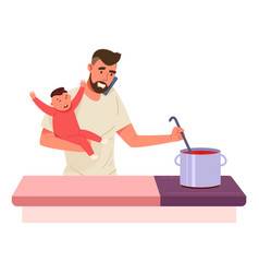 Man Holding Baby And Cooking Soup Multitasking