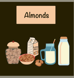 Almonds And Vegan Almond Milk In Cartoon Style