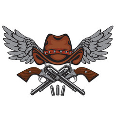 Banner With Two Old Pistols Cowboy Hat And Wings