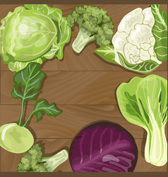 Various Types Of Cabbage On Wooden Background